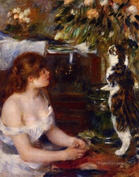 猫 Painting - ピエール・オーギュスト・ルノワール 猫を抱く女